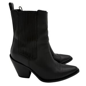 Mango MNG Cowboy Boho Black Pointed Western Leather Ankle Boots EU 38 US 7.5